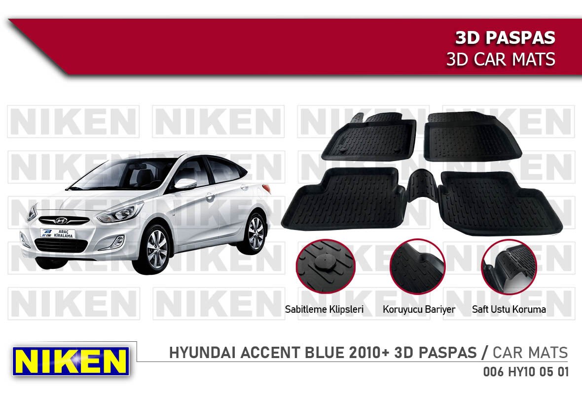 Hyundai Accent Blue Havuzlu 3D Paspas Niken Siyah 2010-Sonrası