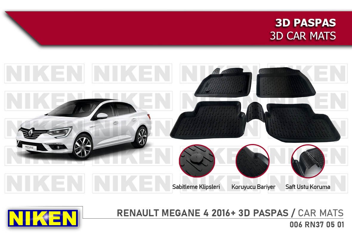 Renault Megane 4 Havuzlu 3D Paspas Niken Siyah 2016+ Sonrası