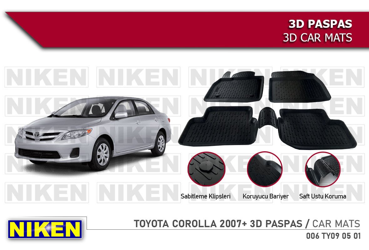 Toyota Corolla Havuzlu 3D Paspas Niken Siyah 2007-2012 Arası