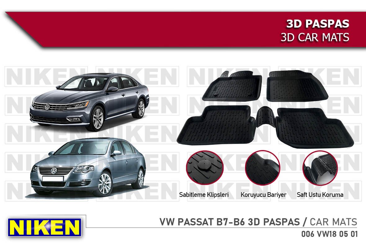 Volkswagen Passat B6 Havuzlu 3D Paspas Niken Siyah 2005+ Sonrası