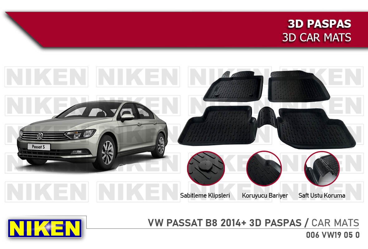 Volkswagen Passat B8 Havuzlu 3D Paspas Niken Siyah 2015+ Sonrası
