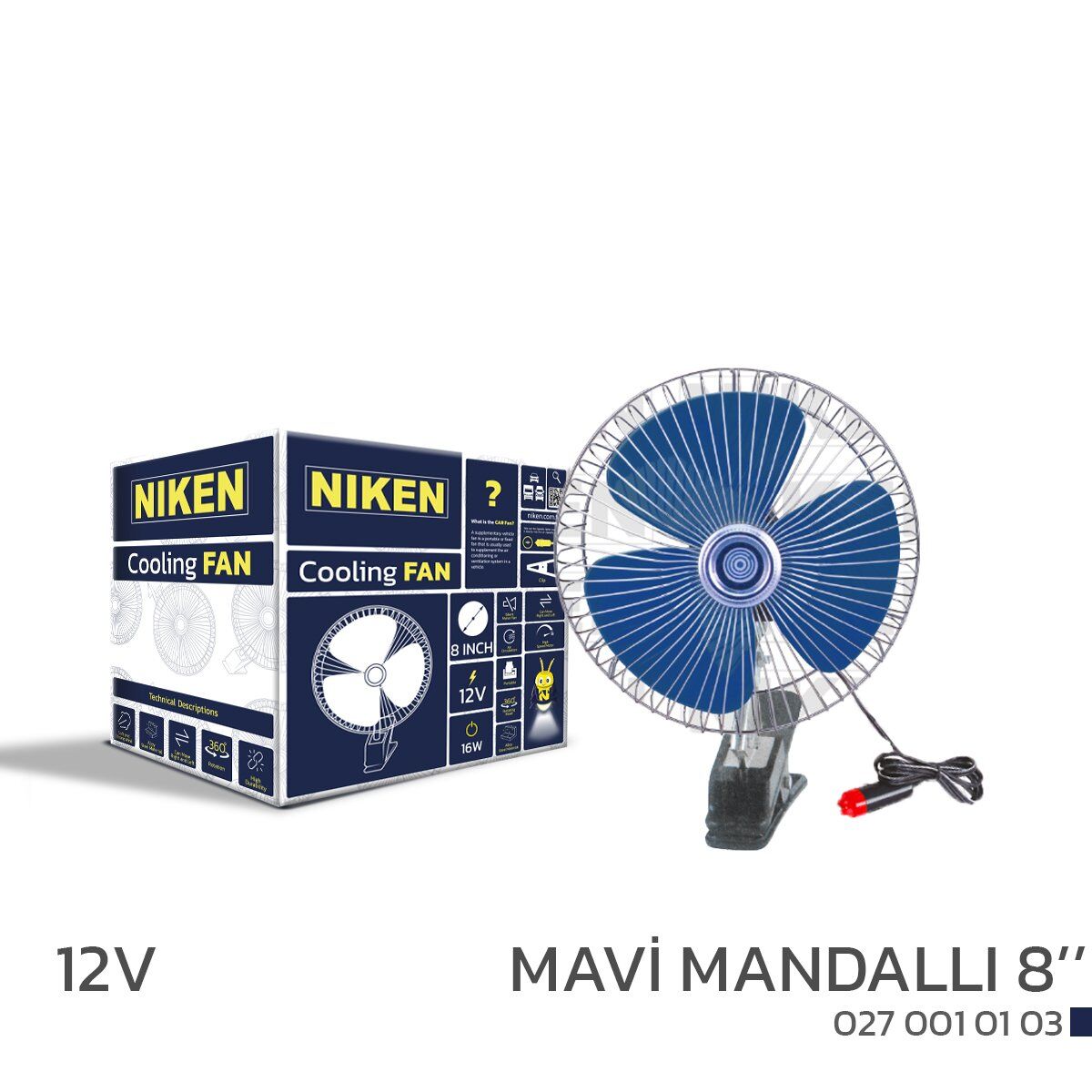 Araç Içi Vantilatör Mavi Mandallı 12v 8 inç üniversal model Niken