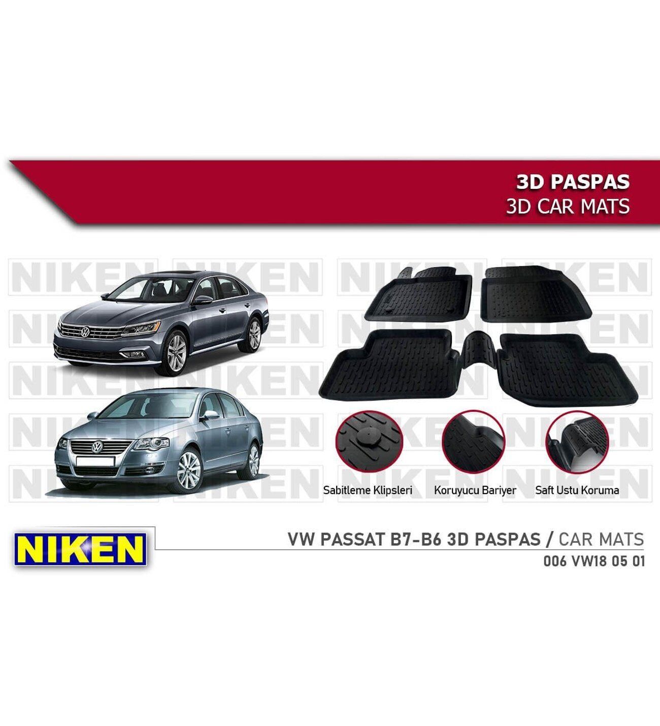 Volkswagen Passat B6 Havuzlu 3D Paspas Niken Siyah 2005+ Sonrası