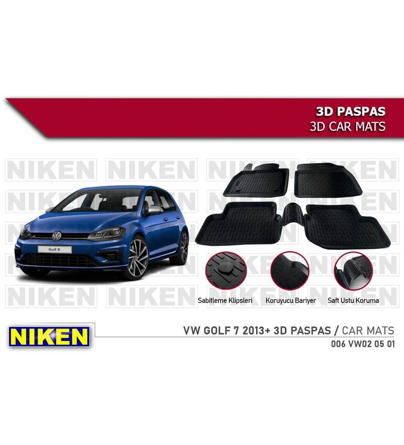 Volkswagen Golf 7 Havuzlu 3D Paspas Niken Siyah 2013+ Sonrası