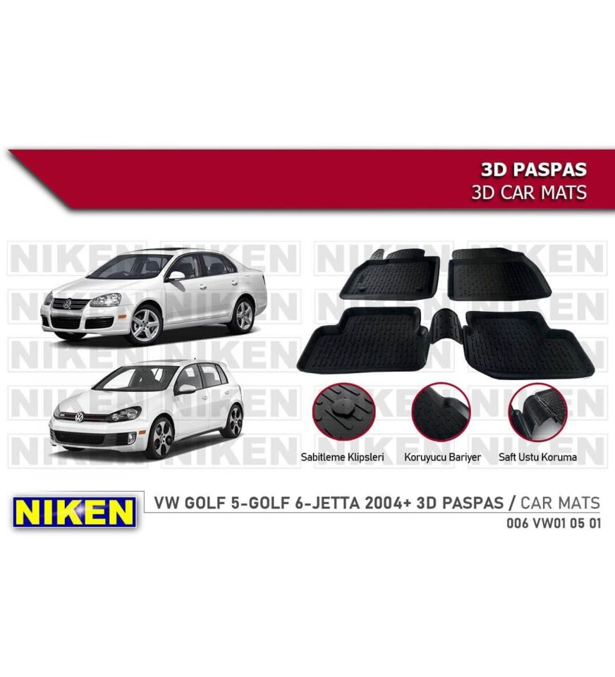 Volkswagen Golf 5 Havuzlu 3D Paspas Niken Siyah 2003+ Sonrası