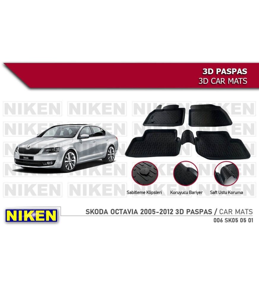 Skoda Octavia Havuzlu 3D Paspas Niken Siyah 2005-2012 Arası