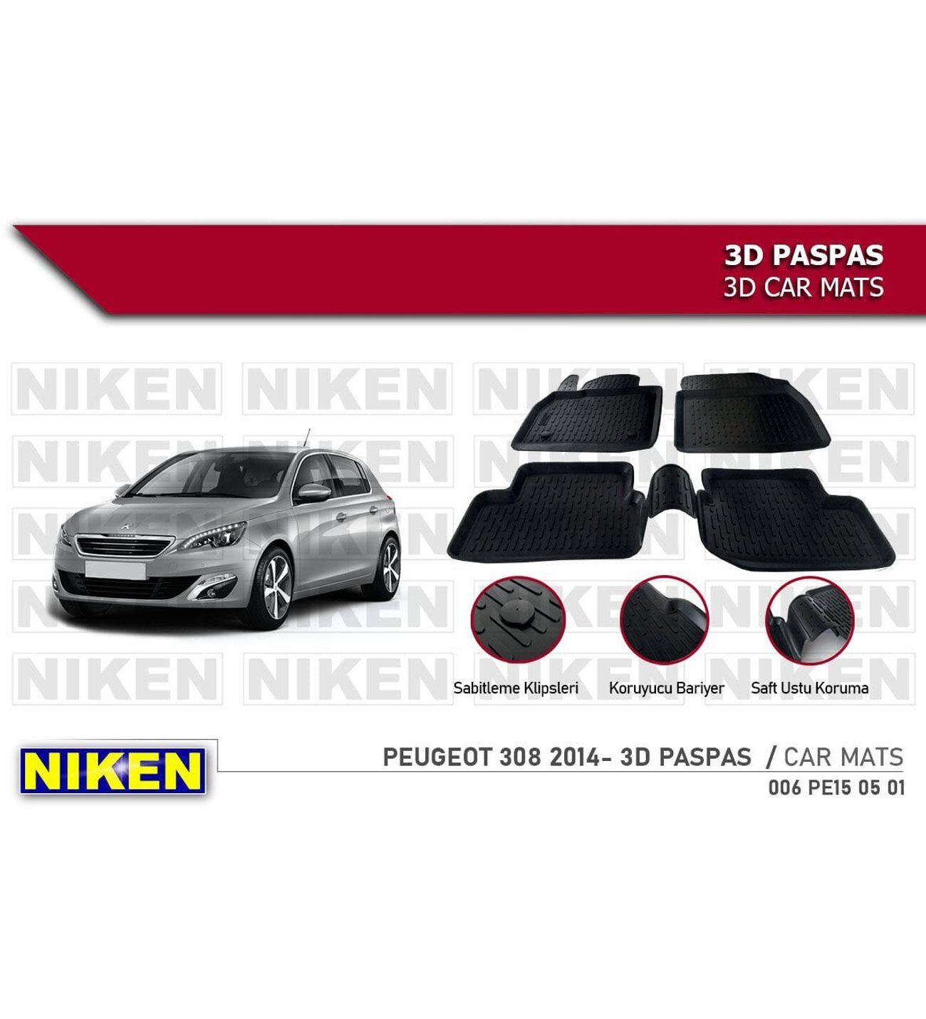 Peugeot 308 Havuzlu 3D Paspas Niken Siyah 2014+ Sonrası