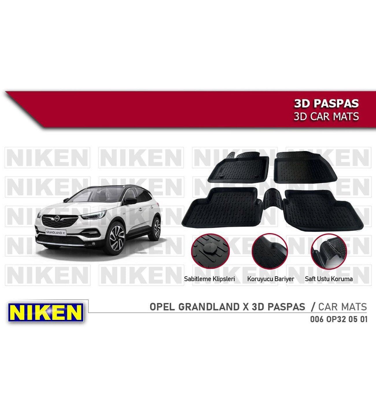 Opel Grandland X Havuzlu 3D Paspas Niken Siyah 2017+ Sonrası