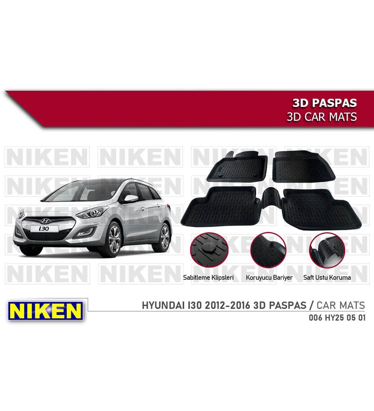 Hyundai i30 Havuzlu 3D Paspas Niken Siyah 2012-2016  Arası