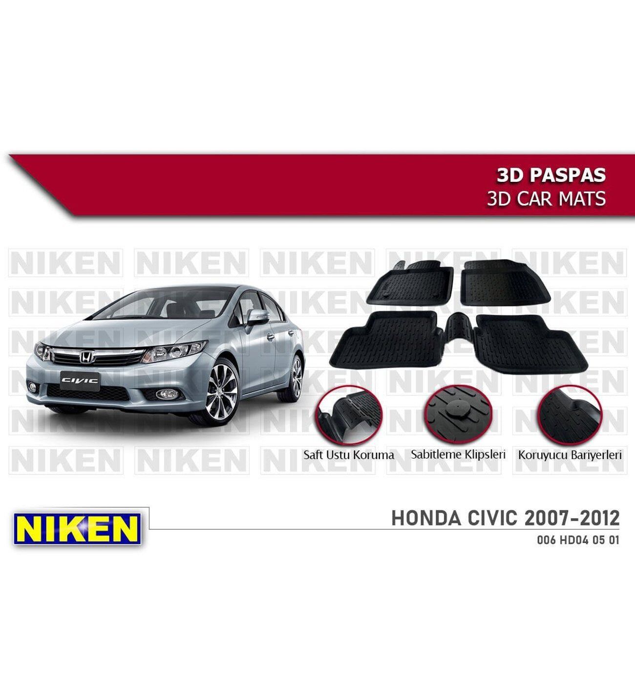 Honda Civic fd6 Havuzlu 3D Paspas Niken Siyah 2006-2012 Arası