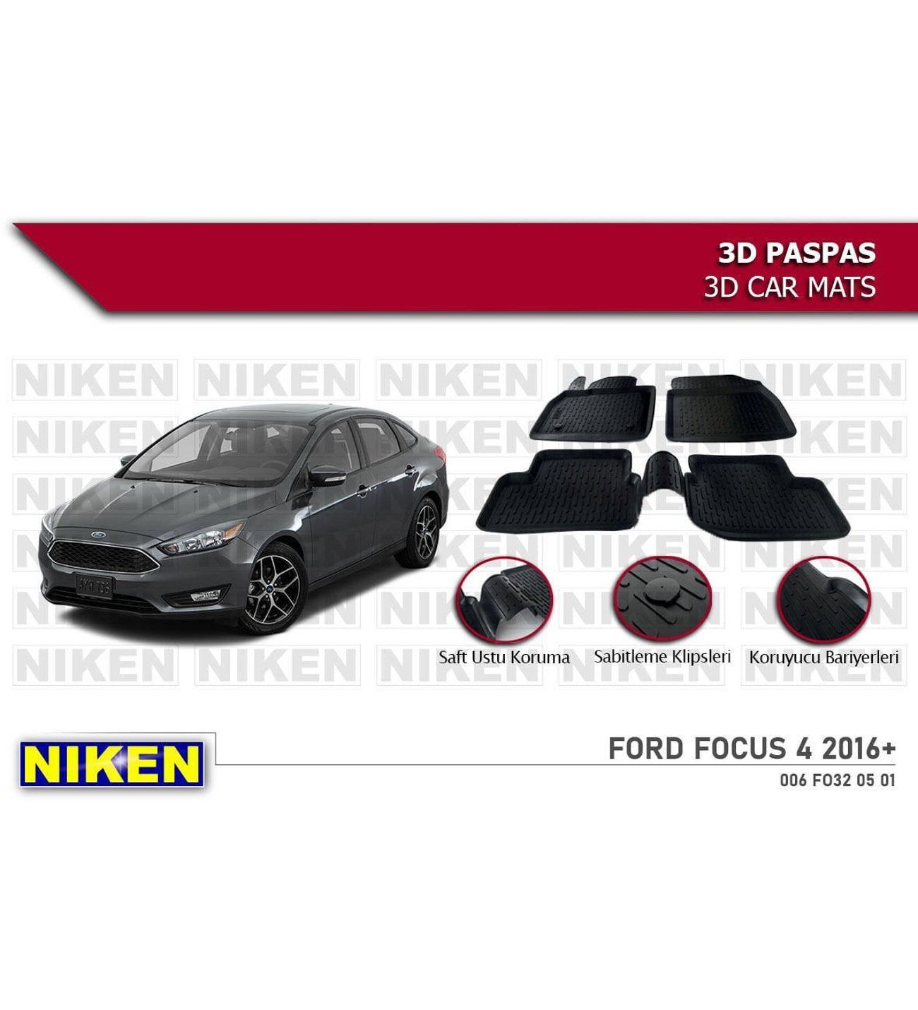 Ford Focus 3.5 Havuzlu 3D Paspas Niken Siyah 2016-2019 Arası