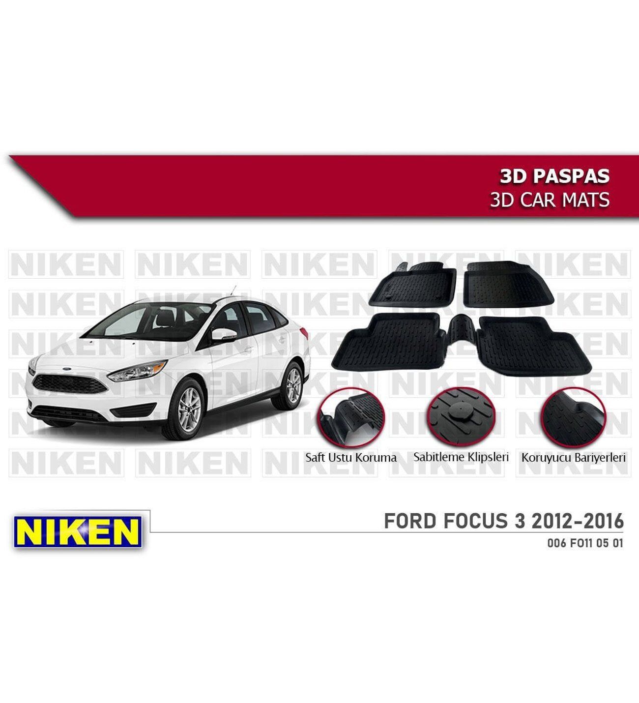 Ford Focus 3 Havuzlu 3D Paspas Niken Siyah 2012-2016 Arası