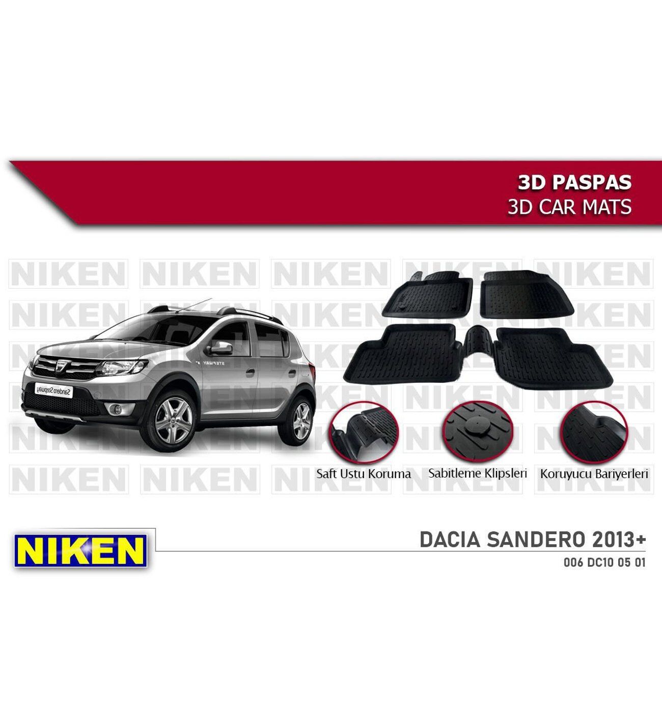 Dacia Sandero Havuzlu 3D Paspas Niken Siyah 2013 Sonrası