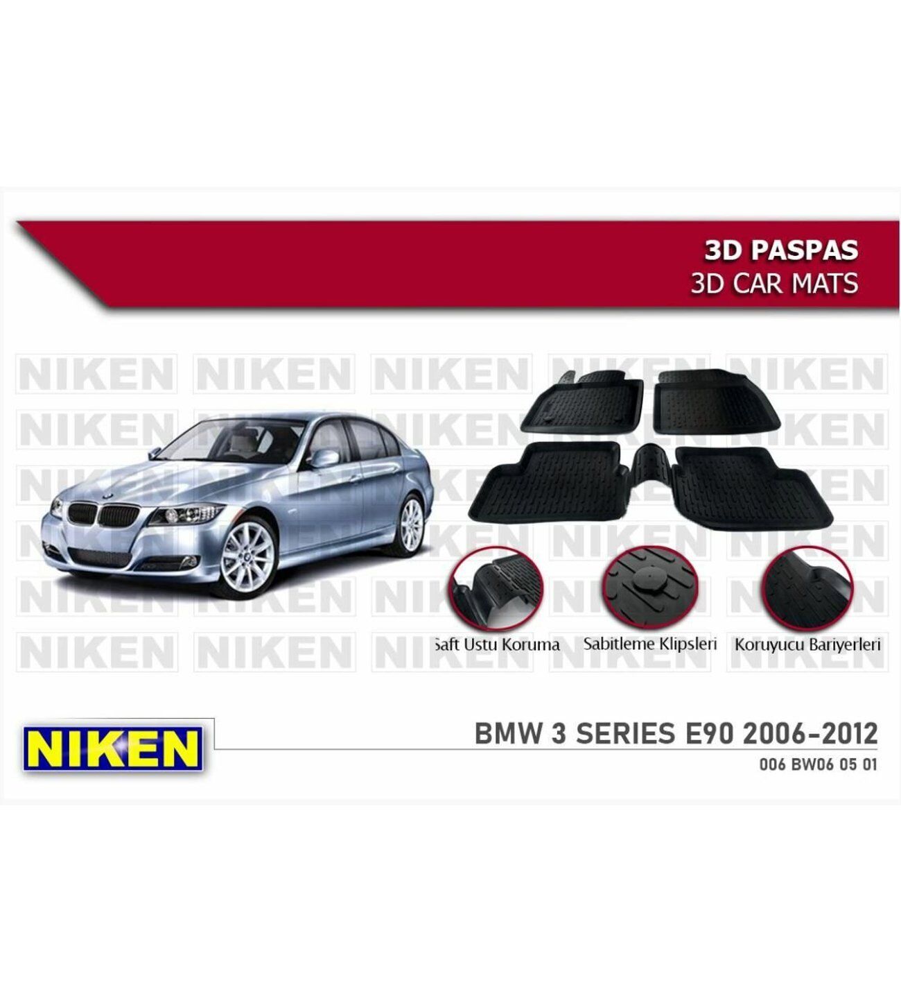 Bmw 3 Serisi E90 Havuzlu 3D Paspas Niken Siyah 2006-2012 Arası