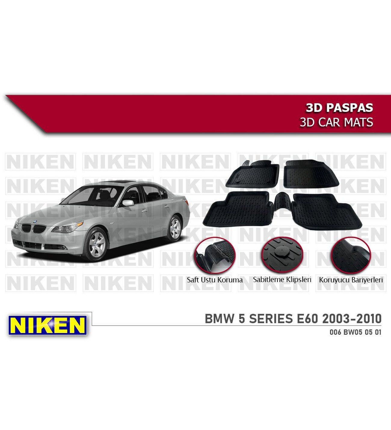 Bmw 5 Serisi E60 Havuzlu 3D Paspas Niken Siyah 2003-2010 Arası