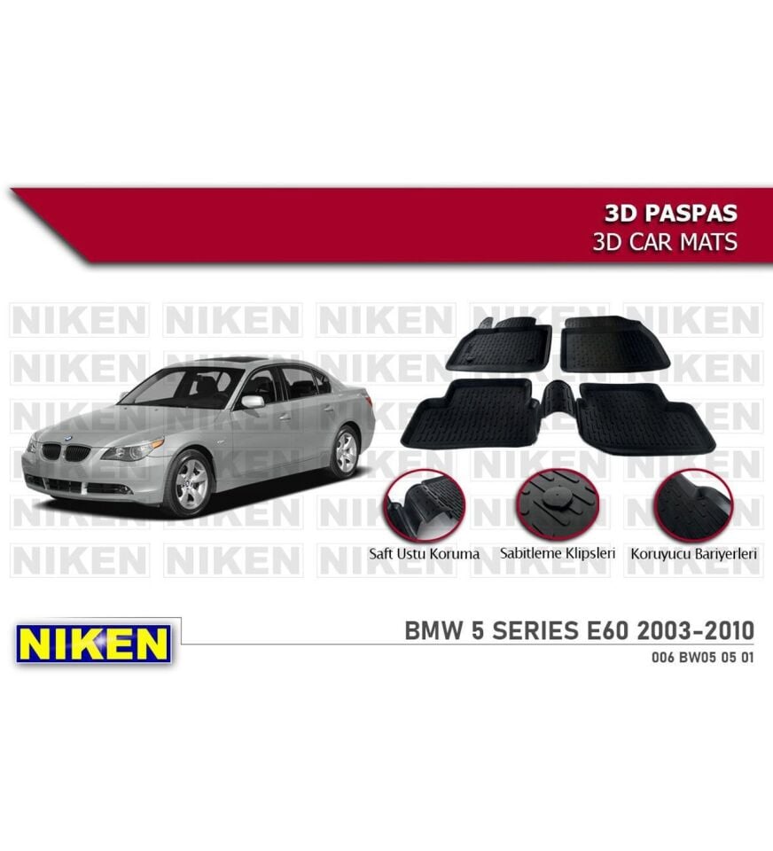 Bmw 5 Serisi E60 Havuzlu 3D Paspas Niken Siyah 2003-2010 Arası