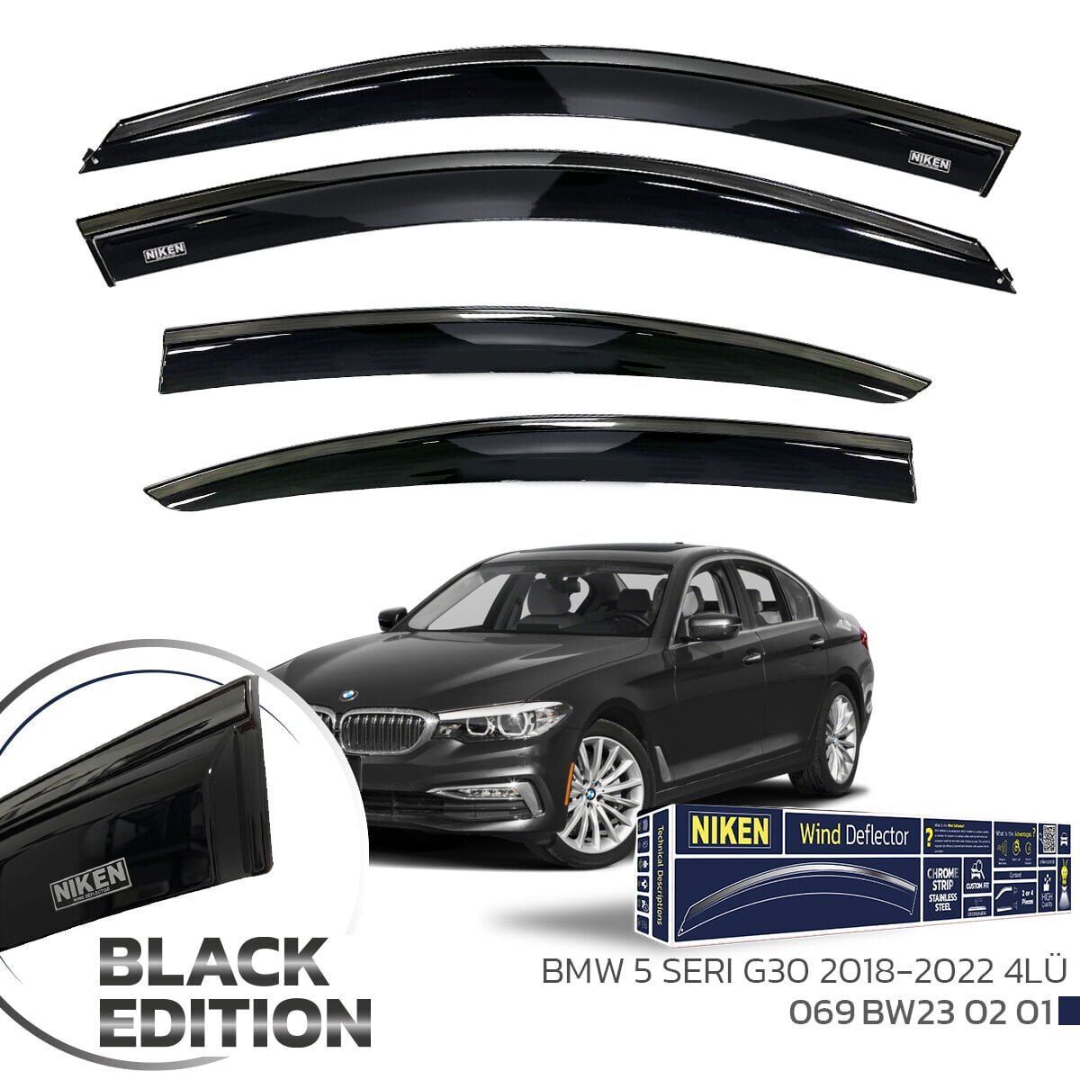 Niken Bmw 5 Serisi G30 Cam Rüzgarlığı Siyah Kromlu 4'Lü 2018-2022 Arası Uyumlu