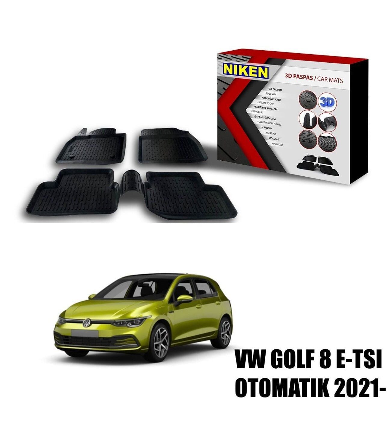Volkswagen Golf 8 E-Tsi Otomatik Havuzlu 3D Paspas Niken Siyah 2021+ Sonrası