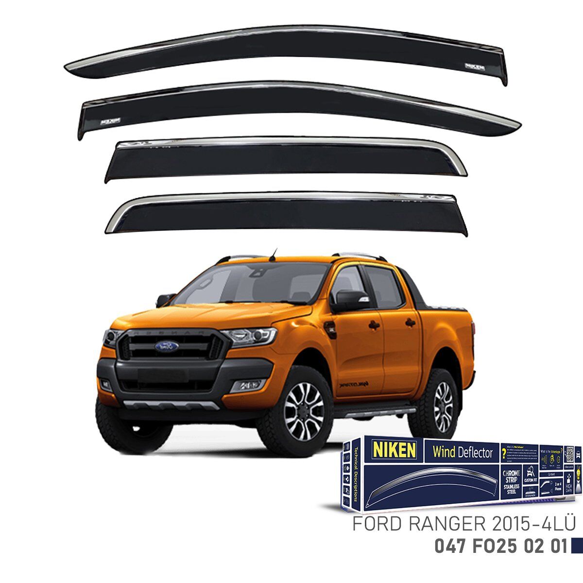 Niken Ford Ranger Cam Rüzgarlığı Kromlu 4'Lü 2015+ Sonrası