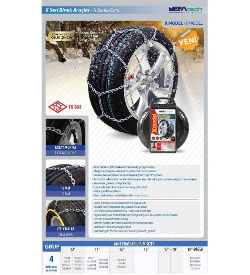 175/75x16 Ebatlarına Uyumlu Takmatik X tipi Kar Patinaj Zinciri Prozin