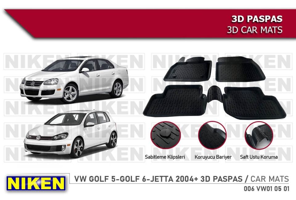 Volkswagen Golf 5 Havuzlu 3D Paspas Niken Siyah 2003+ Sonrası
