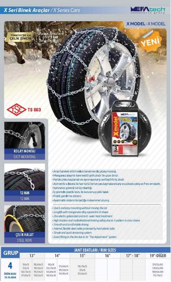 220/50x365 Ebatlarına Uyumlu Takmatik X tipi Kar Patinaj Zinciri Prozin