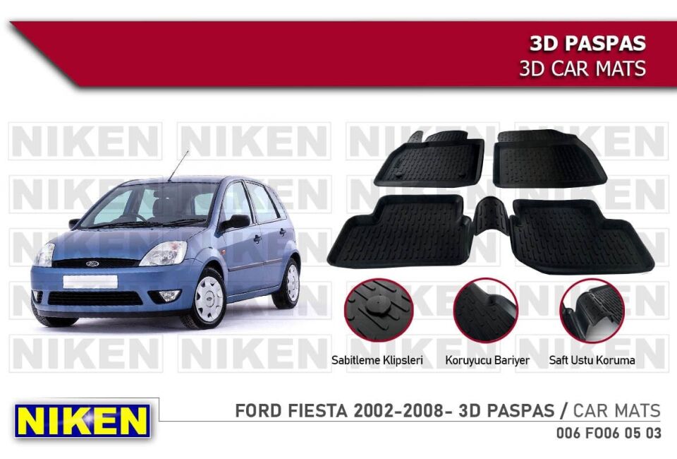 Ford Fiesta Havuzlu 3D Paspas Niken Siyah 2002-2008 Arası